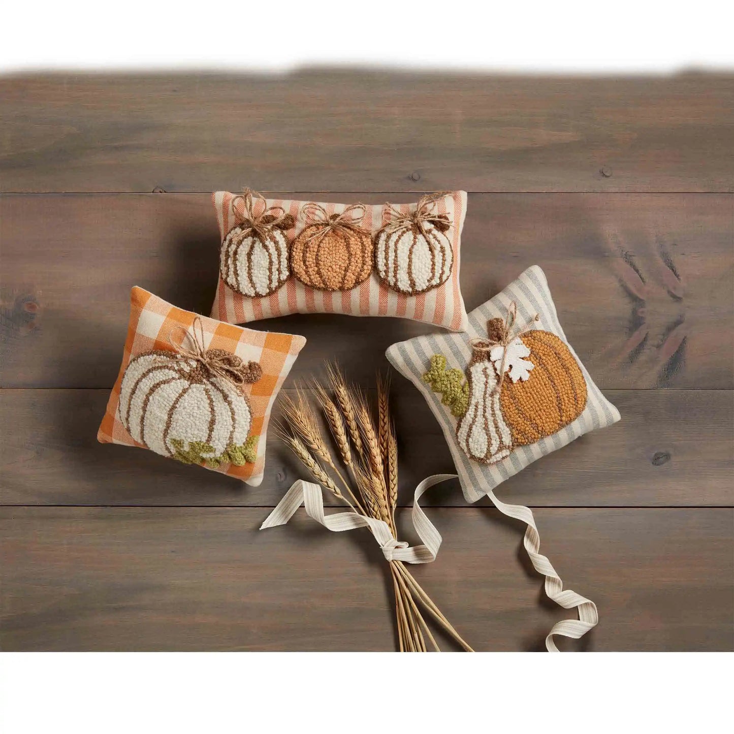 Three Pumpkin Mini Hook Pillow Seasonal Throw Pillow Mud Pie   