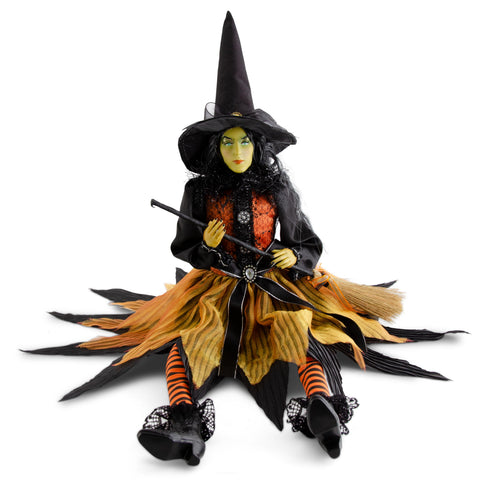 28 Inch Sitting Sybil Witch w/Broom & Orange Dress Little Green Apple - Limited Time!