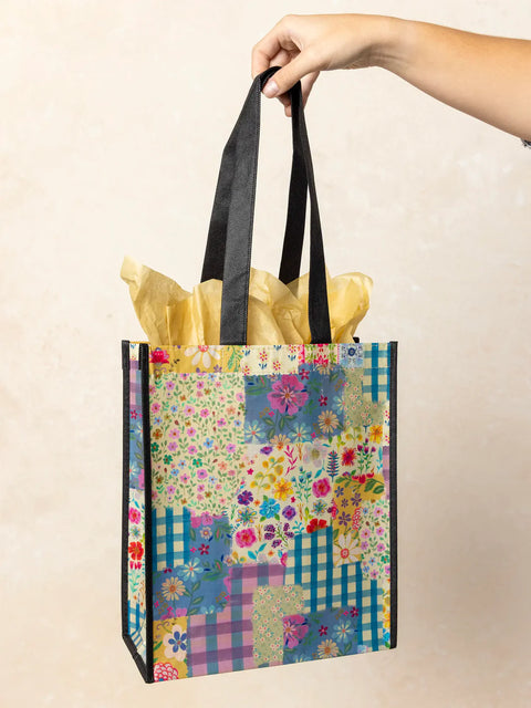 Large Happy Bag - Gingham Floral Patchwork Natural Life