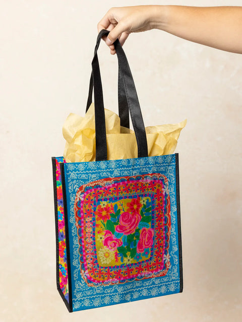 Large Happy Bag - Teal Flower Bouquet Natural Life