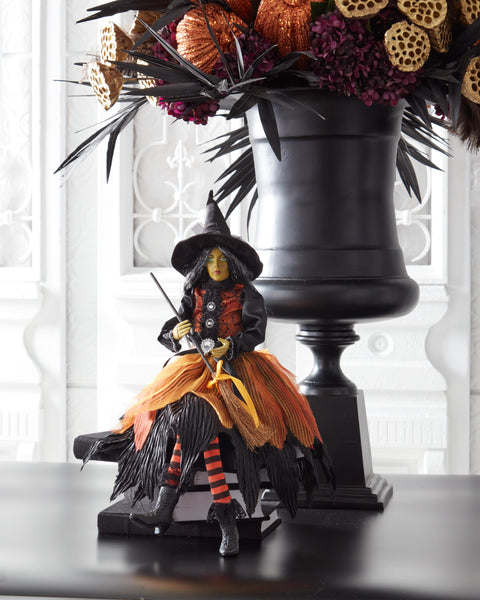 28 Inch Sitting Sybil Witch w/Broom & Orange Dress Little Green Apple - Limited Time!