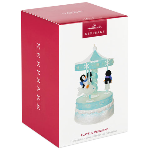 Playful Penguins on Carousel Musical 2024 Hallmark Keepsake Ornament With Light and Motion Hallmark Keepsake Ornament Hallmark   