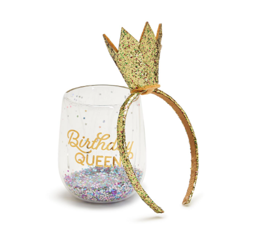 Birthday Queen Stemless Wine Glass and Glitter Crown Headband Wine Glass Two's Company   