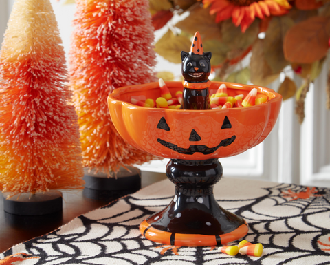 Ceramic Jack O'Lantern Bowl with Black Cat Little Green Apple - Limited Time!