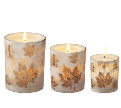 Frosted Leaf Glass Container LED Candle w/Timer