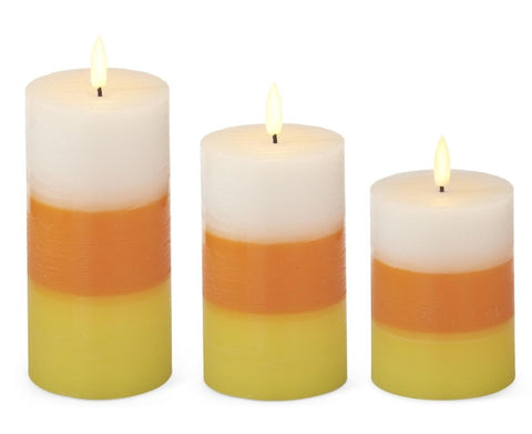 Set of 2 Candy Corn Wax ON/OFF Touch LED Pillar Candles with Timer Little Green Apple - Limited Time!
