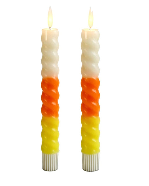 Set of 2 Candy Corn Spiral LED Taper Candles w/Timers Little Green Apple - Limited Time!