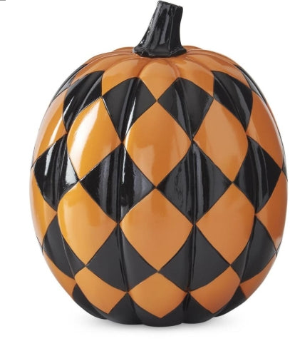 11 Inch Black & Orange Checkered Pumpkins Little Green Apple - Limited Time!