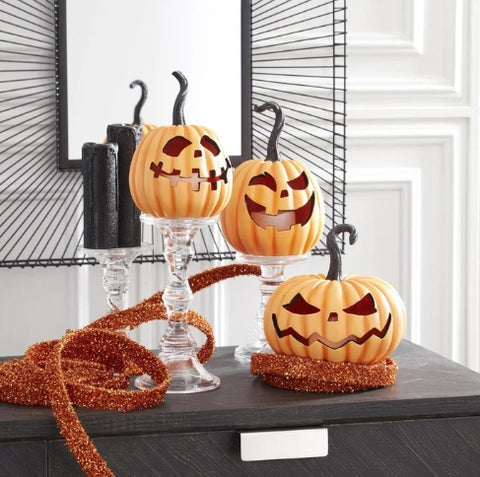 Orange Resin LED Flicker Jack O'Lanterns - Medium Little Green Apple